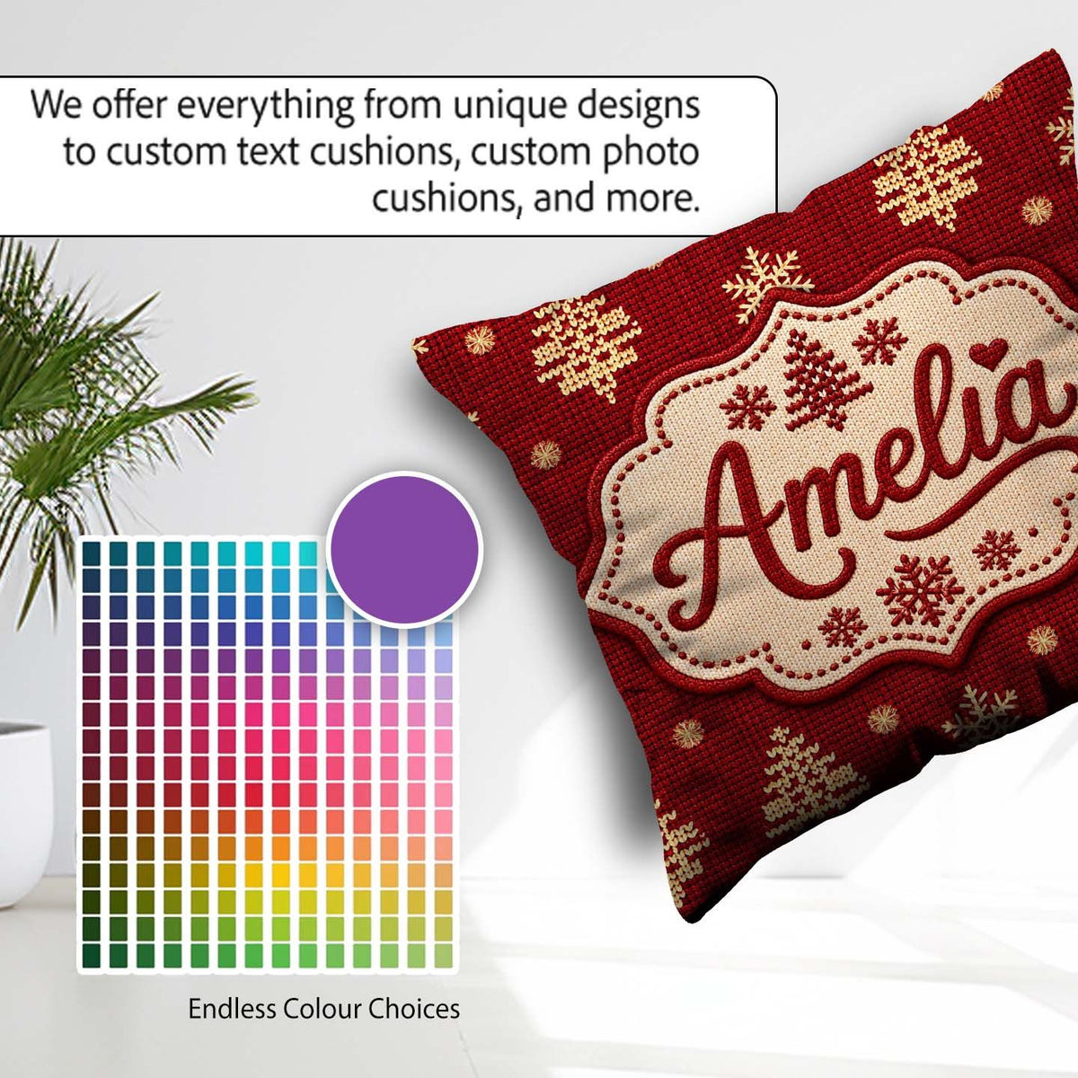 Custom Name Red Knitted Christmas Tree Snowflake Nordic Seamless Square Filled Cushion Throw Pillow Sofa Bed Home Decor Zip Washable UK Made