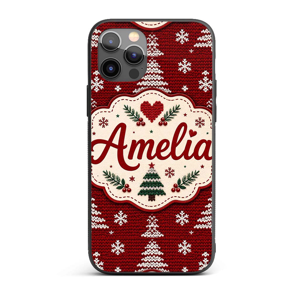 Cute Red White Knitted Christmas Tree Snowflake Custom Name Protective Phone Case Mobile Cover Durable Everyday Smartphone Shock Resistant