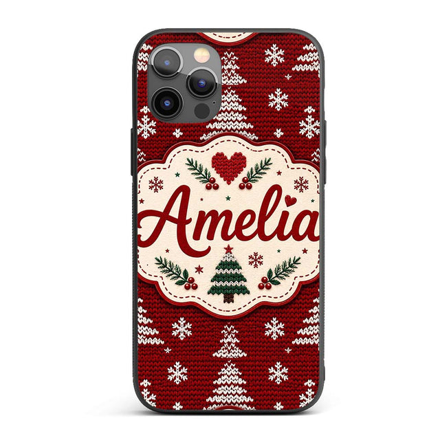 Cute Red White Knitted Christmas Tree Snowflake Custom Name Protective Phone Case Mobile Cover Durable Everyday Smartphone Shock Resistant