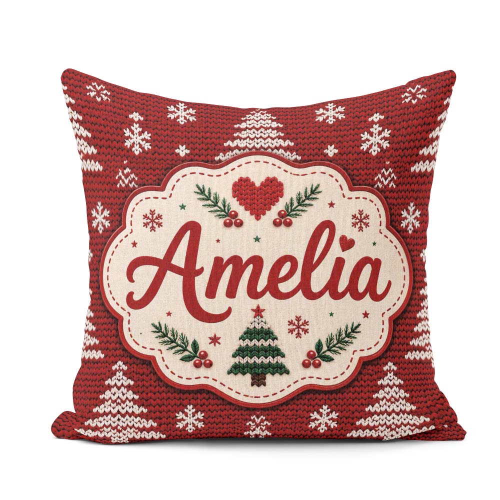 Custom Name Red Knitted Christmas Tree Snowflake Nordic Seamless Square Filled Cushion Throw Pillow Sofa Bed Home Decor Zip Washable UK Made