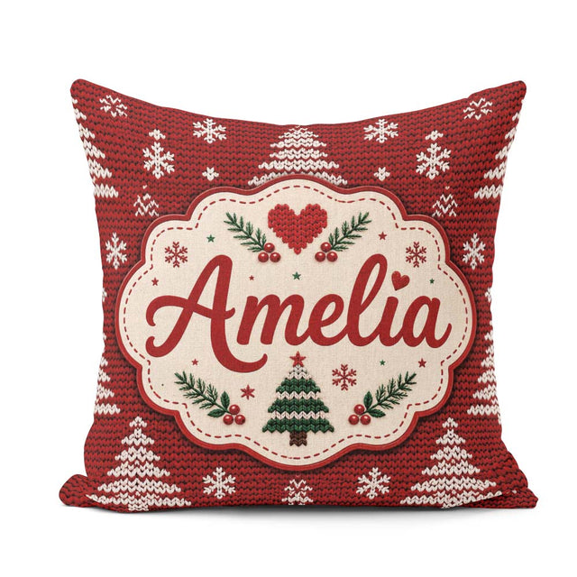Custom Name Red Knitted Christmas Tree Snowflake Nordic Seamless Square Filled Cushion Throw Pillow Sofa Bed Home Decor Zip Washable UK Made