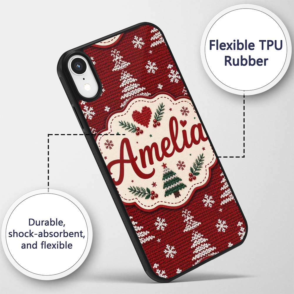 Cute Red White Knitted Christmas Tree Snowflake Custom Name Protective Phone Case Mobile Cover Durable Everyday Smartphone Shock Resistant