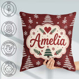 Custom Name Red Knitted Christmas Tree Snowflake Nordic Seamless Square Filled Cushion Throw Pillow Sofa Bed Home Decor Zip Washable UK Made