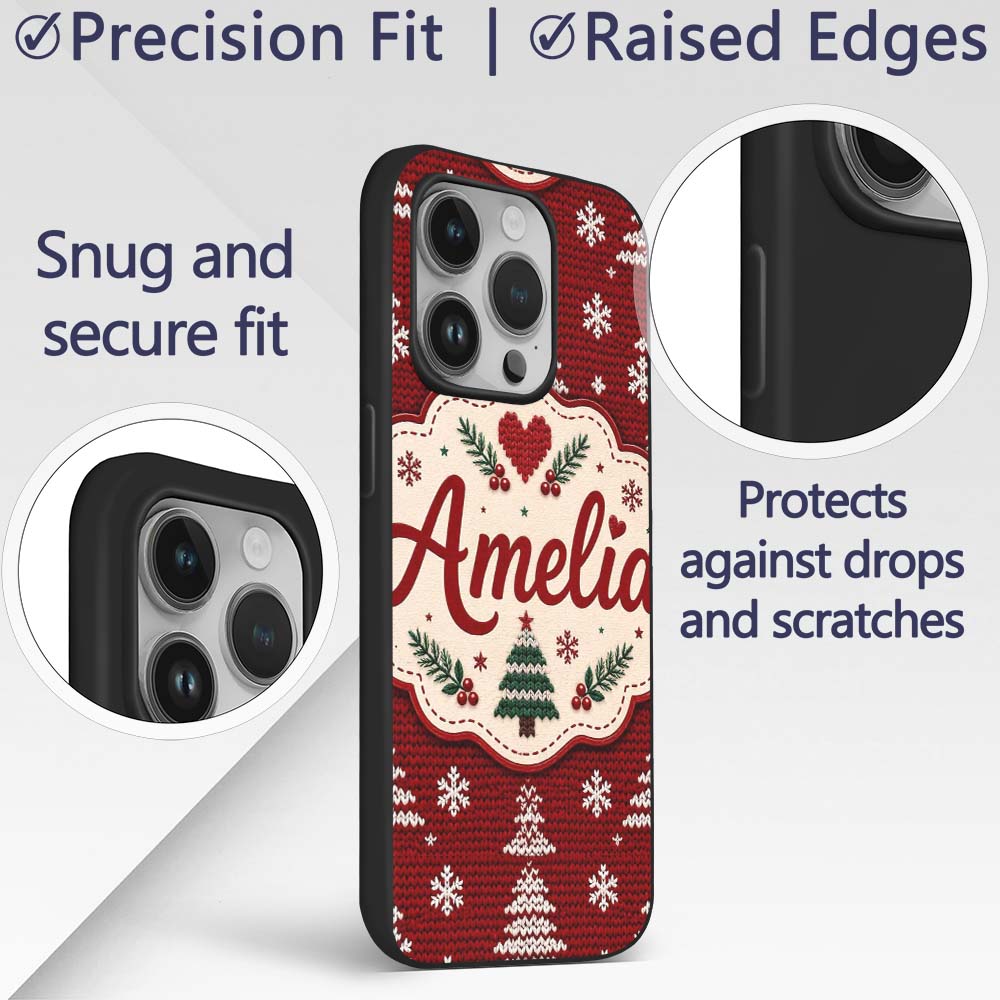 Cute Red White Knitted Christmas Tree Snowflake Custom Name Protective Phone Case Mobile Cover Durable Everyday Smartphone Shock Resistant