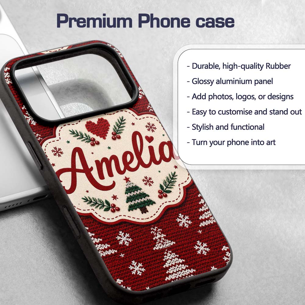 Cute Red White Knitted Christmas Tree Snowflake Custom Name Protective Phone Case Mobile Cover Durable Everyday Smartphone Shock Resistant