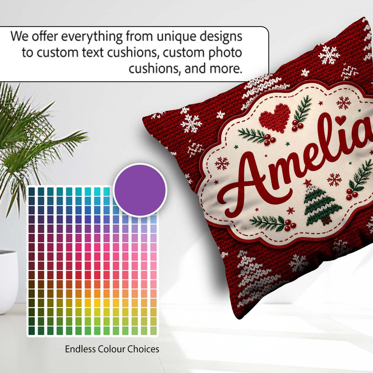 Custom Name Red Knitted Christmas Tree Snowflake Nordic Seamless Square Filled Cushion Throw Pillow Sofa Bed Home Decor Zip Washable UK Made
