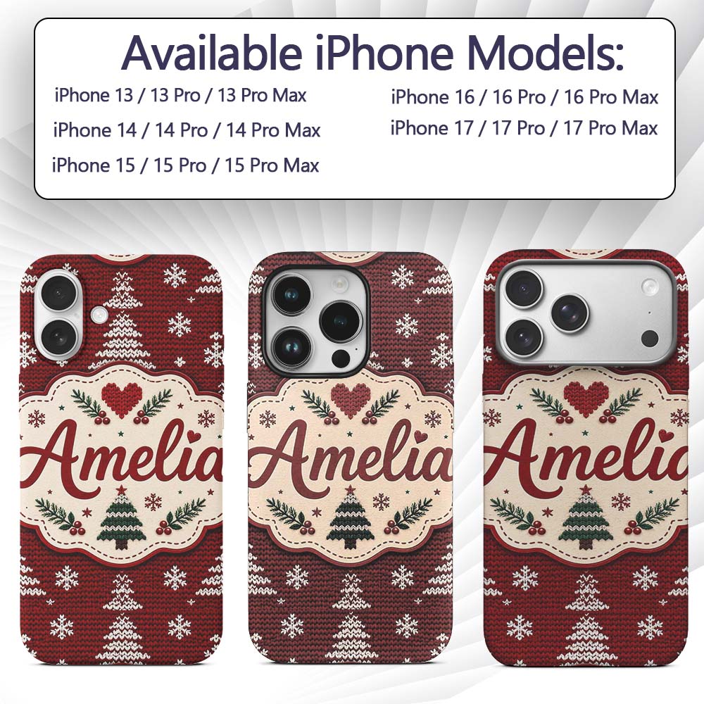 Cute Red White Knitted Christmas Tree Snowflake Custom Name Protective Phone Case Mobile Cover Durable Everyday Smartphone Shock Resistant