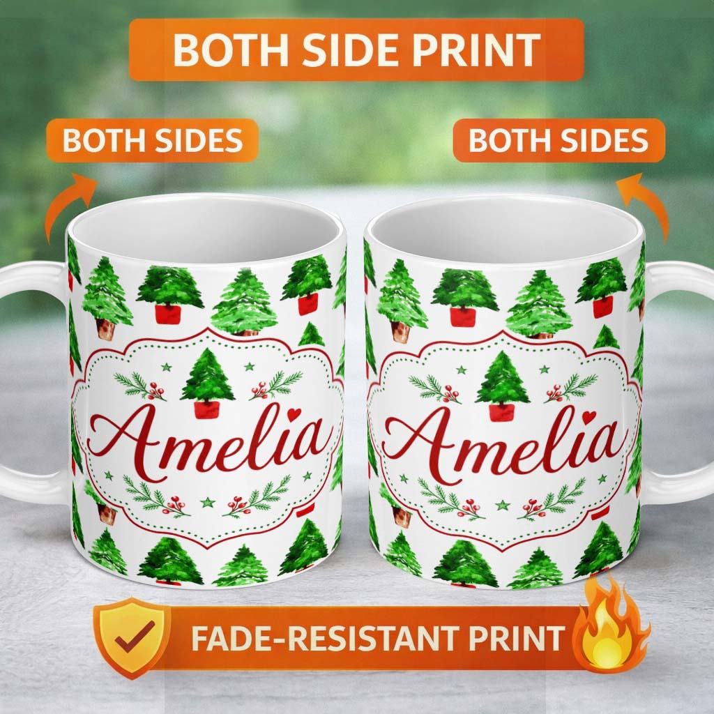 Personalized Custom Name Watercolor Christmas Trees in Pots Hand Painted Seamless Pattern 11oz Ceramic Coffee Tea Mug White Large Handle