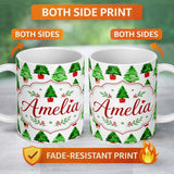 Personalized Custom Name Watercolor Christmas Trees in Pots Hand Painted Seamless Pattern 11oz Ceramic Coffee Tea Mug White Large Handle