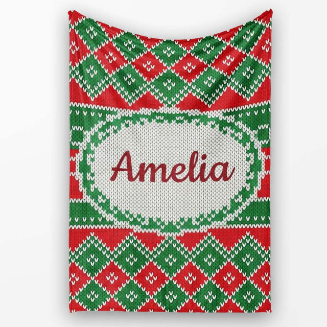 Cute Green Red Knitted Gift Box Nordic Christmas Seamless Pattern  Personalised Custom Name Super Soft Fleece Blanket Bed Sofa Throw
