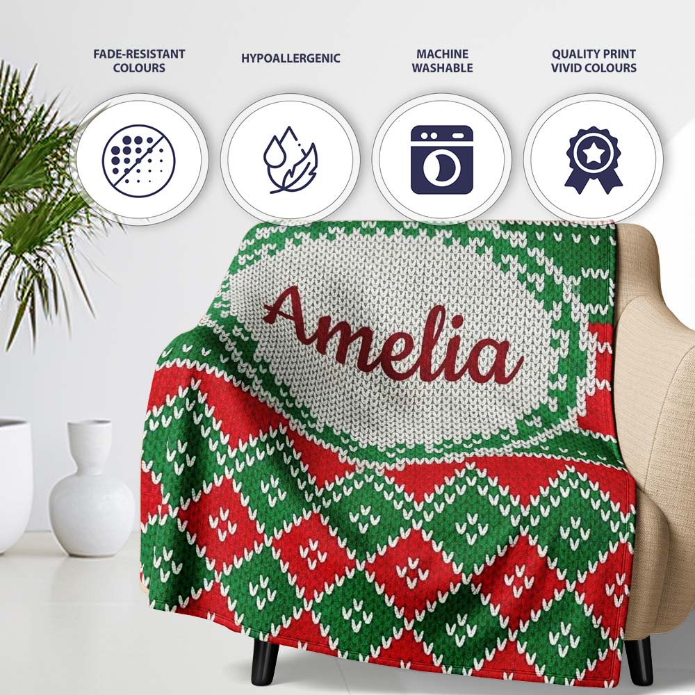 Cute Green Red Knitted Gift Box Nordic Christmas Seamless Pattern  Personalised Custom Name Super Soft Fleece Blanket Bed Sofa Throw