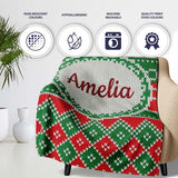 Cute Green Red Knitted Gift Box Nordic Christmas Seamless Pattern  Personalised Custom Name Super Soft Fleece Blanket Bed Sofa Throw