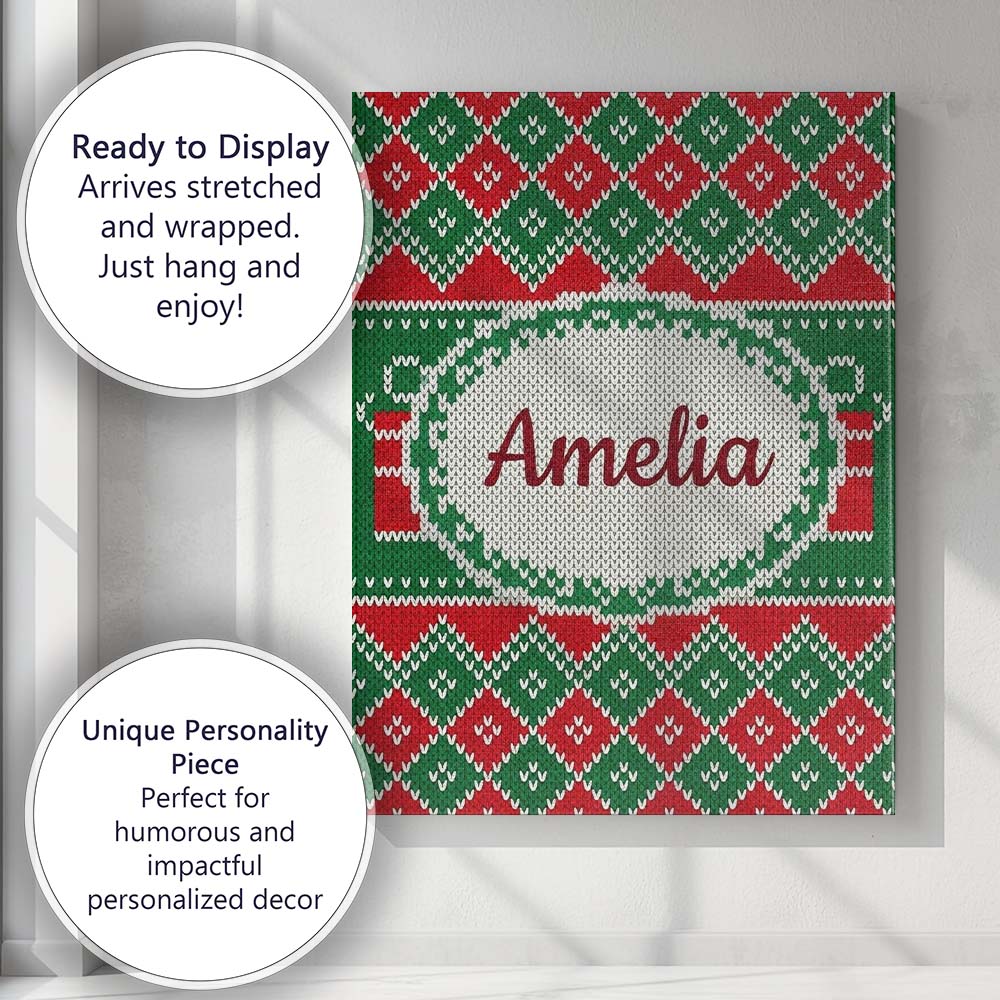 Personalised Name Cute Green Red Knitted Custom  Unique Gift Idea Elegant Feature Canvas Wall Art Print Decor Picture Ready to Hang