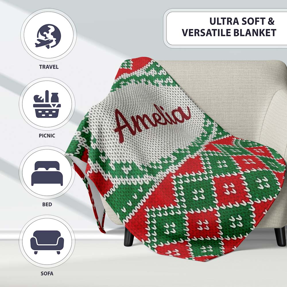 Cute Green Red Knitted Gift Box Nordic Christmas Seamless Pattern  Personalised Custom Name Super Soft Fleece Blanket Bed Sofa Throw