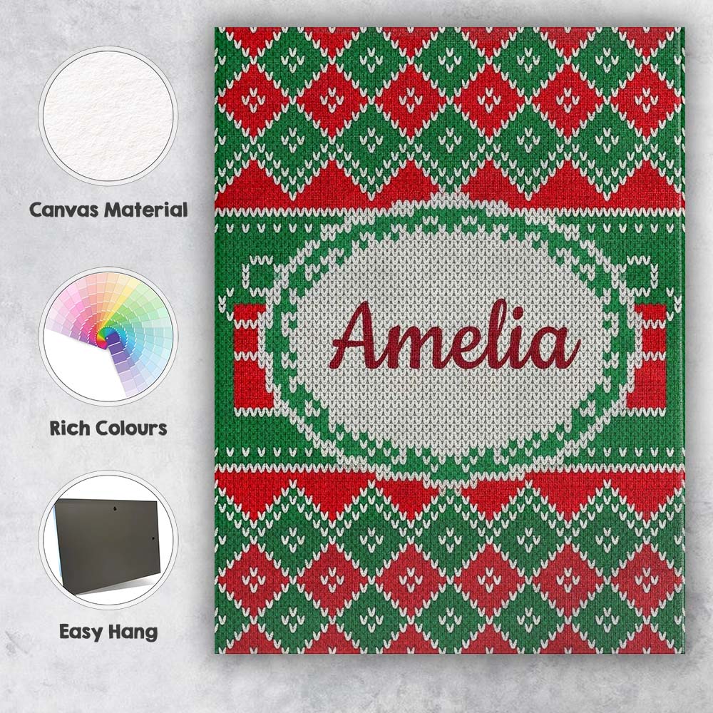 Personalised Name Cute Green Red Knitted Custom  Unique Gift Idea Elegant Feature Canvas Wall Art Print Decor Picture Ready to Hang