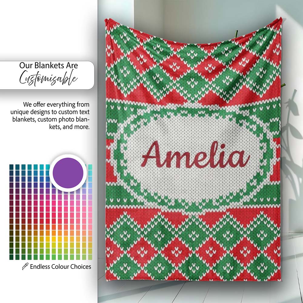 Cute Green Red Knitted Gift Box Nordic Christmas Seamless Pattern  Personalised Custom Name Super Soft Fleece Blanket Bed Sofa Throw