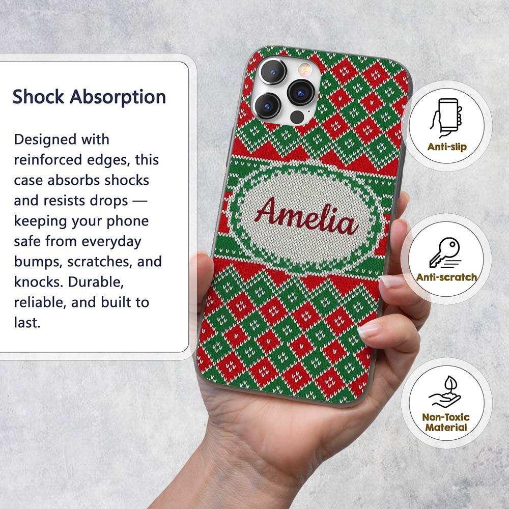 Cute Green Red Knitted Gift Box Nordic Christmas Custom Name Protective Phone Case Mobile Cover Durable Everyday Smartphone Shock Resistant