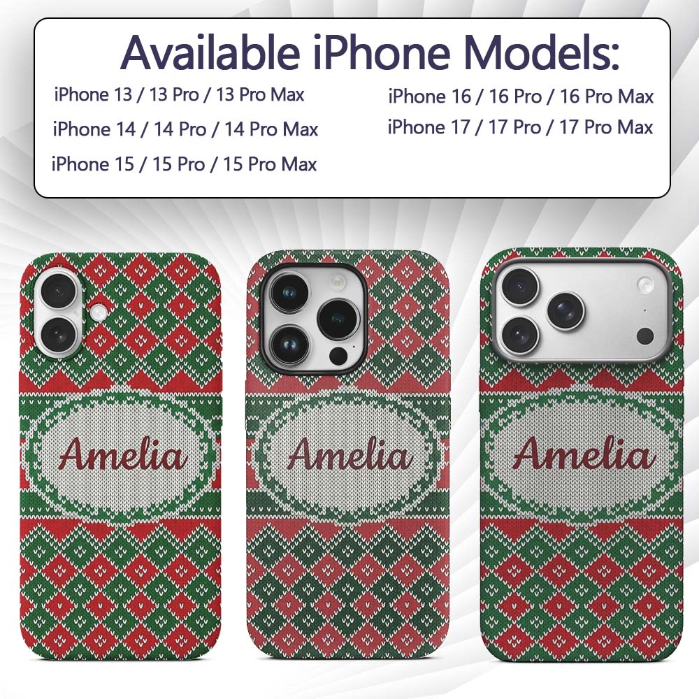 Cute Green Red Knitted Gift Box Nordic Christmas Custom Name Protective Phone Case Mobile Cover Durable Everyday Smartphone Shock Resistant