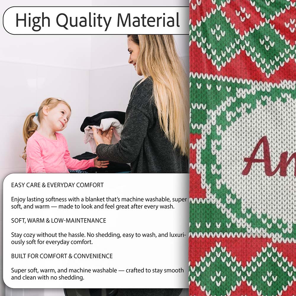 Cute Green Red Knitted Gift Box Nordic Christmas Seamless Pattern  Personalised Custom Name Super Soft Fleece Blanket Bed Sofa Throw