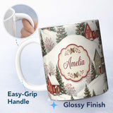 Personalized Custom Name Snowy Christmas Village Houses Winter Scene Seamless Pattern Lovely 11oz Ceramic Coffee Tea Mug White Large Handle
