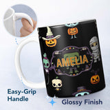Personalized Custom Name Cute Halloween Characters Pumpkin Skull Mummy Seamless Pattern White 11oz Ceramic Coffee Tea Mug White Large Handle