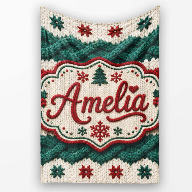 Cute Festive Knitted Texture Red Green White Cozy Seamless Pattern  Personalised Custom Name Super Soft Fleece Blanket Bed Sofa Throw