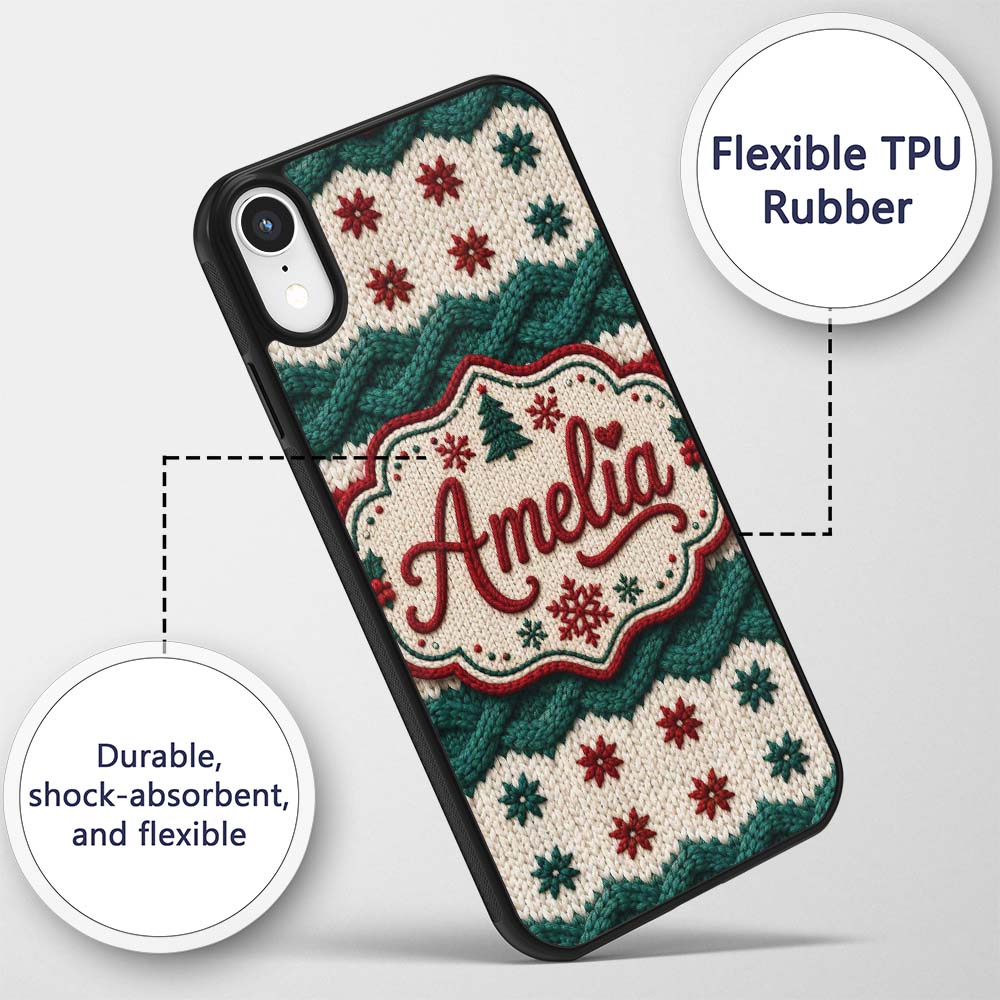 Cute Festive Knitted Texture Red Green White Cozy Custom Name Protective Phone Case Mobile Cover Durable Everyday Smartphone Shock Resistant