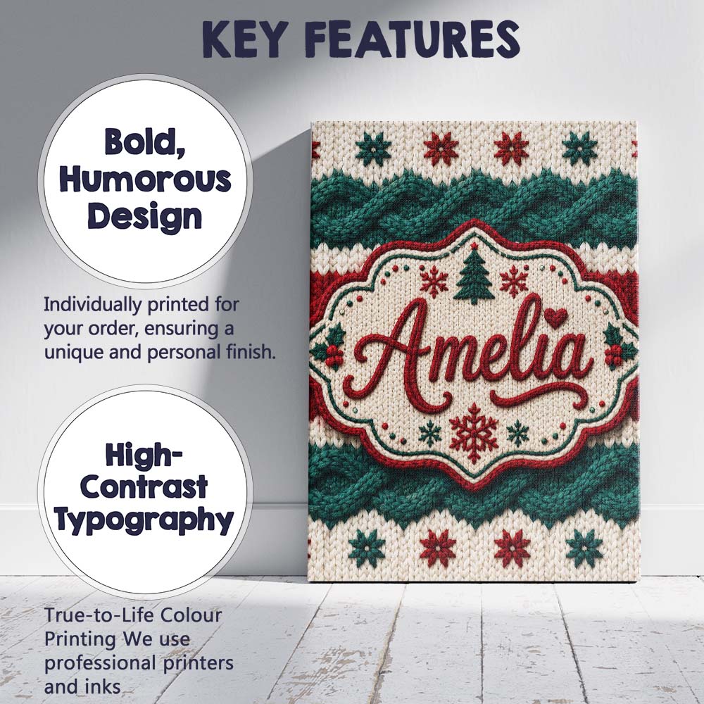 Personalised Name Cute Festive Knitted Custom  Modern Room Accent Elegant Feature Canvas Wall Art Print Decor Picture Ready to Hang