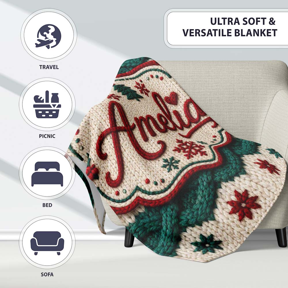 Cute Festive Knitted Texture Red Green White Cozy Seamless Pattern  Personalised Custom Name Super Soft Fleece Blanket Bed Sofa Throw