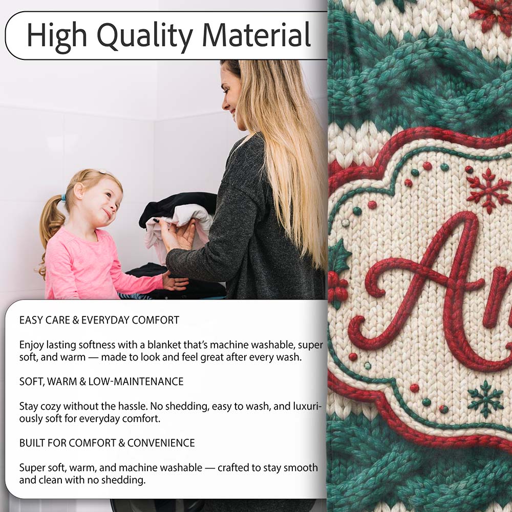 Cute Festive Knitted Texture Red Green White Cozy Seamless Pattern  Personalised Custom Name Super Soft Fleece Blanket Bed Sofa Throw