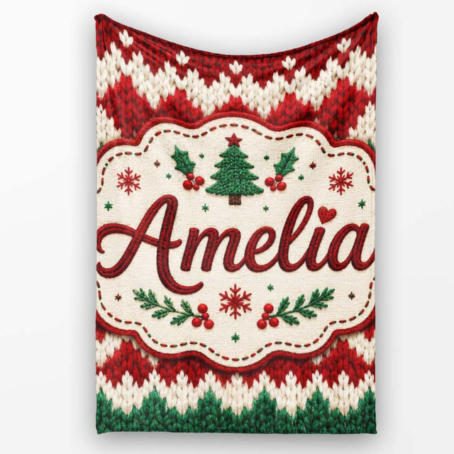 Cute Handmade Wool Knit Red Green White Cozy Seamless Pattern Lovely  Personalised Custom Name Super Soft Fleece Blanket Bed Sofa Throw