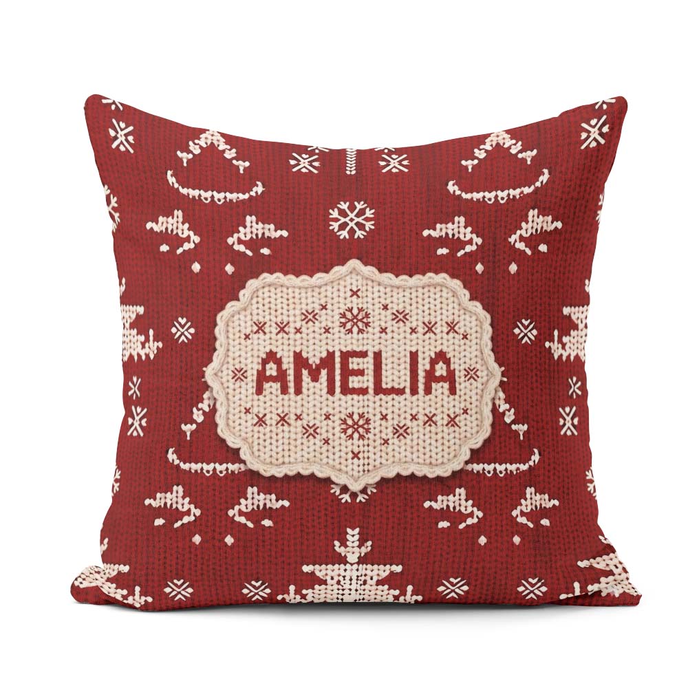 Custom Name Nordic Knitted Christmas Tree Snowflake Red Seamless Square Filled Cushion Throw Pillow Sofa Bed Home Decor Zip Washable UK Made