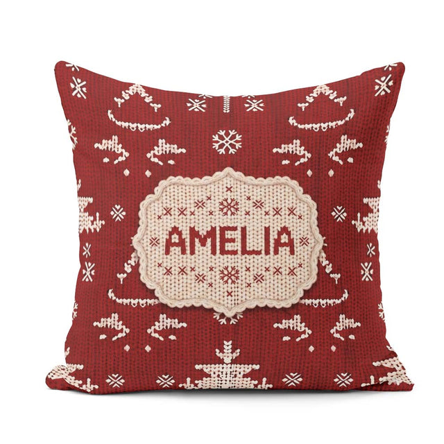Custom Name Nordic Knitted Christmas Tree Snowflake Red Seamless Square Filled Cushion Throw Pillow Sofa Bed Home Decor Zip Washable UK Made