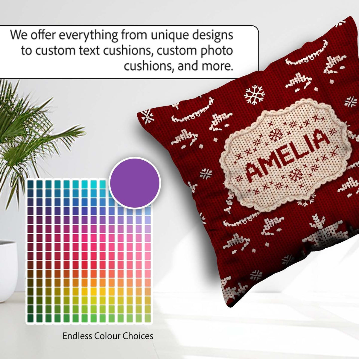 Custom Name Nordic Knitted Christmas Tree Snowflake Red Seamless Square Filled Cushion Throw Pillow Sofa Bed Home Decor Zip Washable UK Made