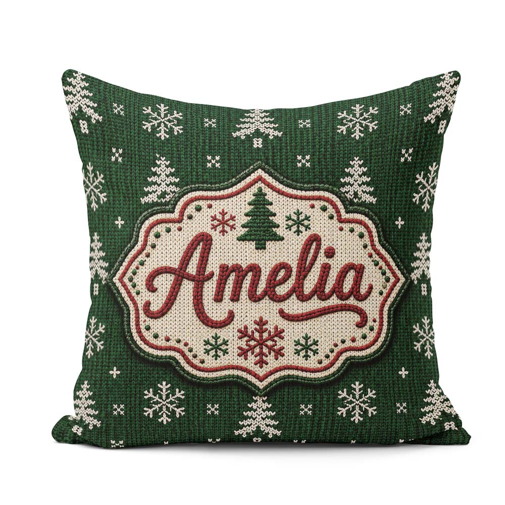 Custom Name Green Knitted Christmas Tree Nordic Seamless Pattern Square Filled Cushion Throw Pillow Sofa Bed Home Decor Zip Washable UK Made