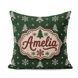 Custom Name Green Knitted Christmas Tree Nordic Seamless Pattern Square Filled Cushion Throw Pillow Sofa Bed Home Decor Zip Washable UK Made