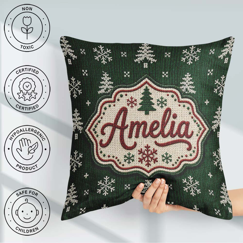 Custom Name Green Knitted Christmas Tree Nordic Seamless Pattern Square Filled Cushion Throw Pillow Sofa Bed Home Decor Zip Washable UK Made