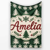 Cute Dark Green Knitted Christmas Tree Snowflake Seamless Pattern  Personalised Custom Name Super Soft Fleece Blanket Bed Sofa Throw