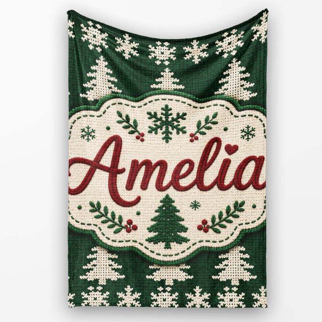 Cute Dark Green Knitted Christmas Tree Snowflake Seamless Pattern  Personalised Custom Name Super Soft Fleece Blanket Bed Sofa Throw