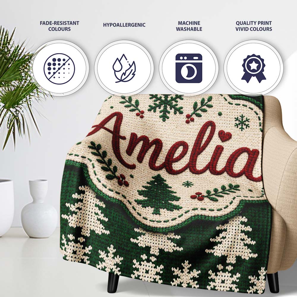 Cute Dark Green Knitted Christmas Tree Snowflake Seamless Pattern  Personalised Custom Name Super Soft Fleece Blanket Bed Sofa Throw