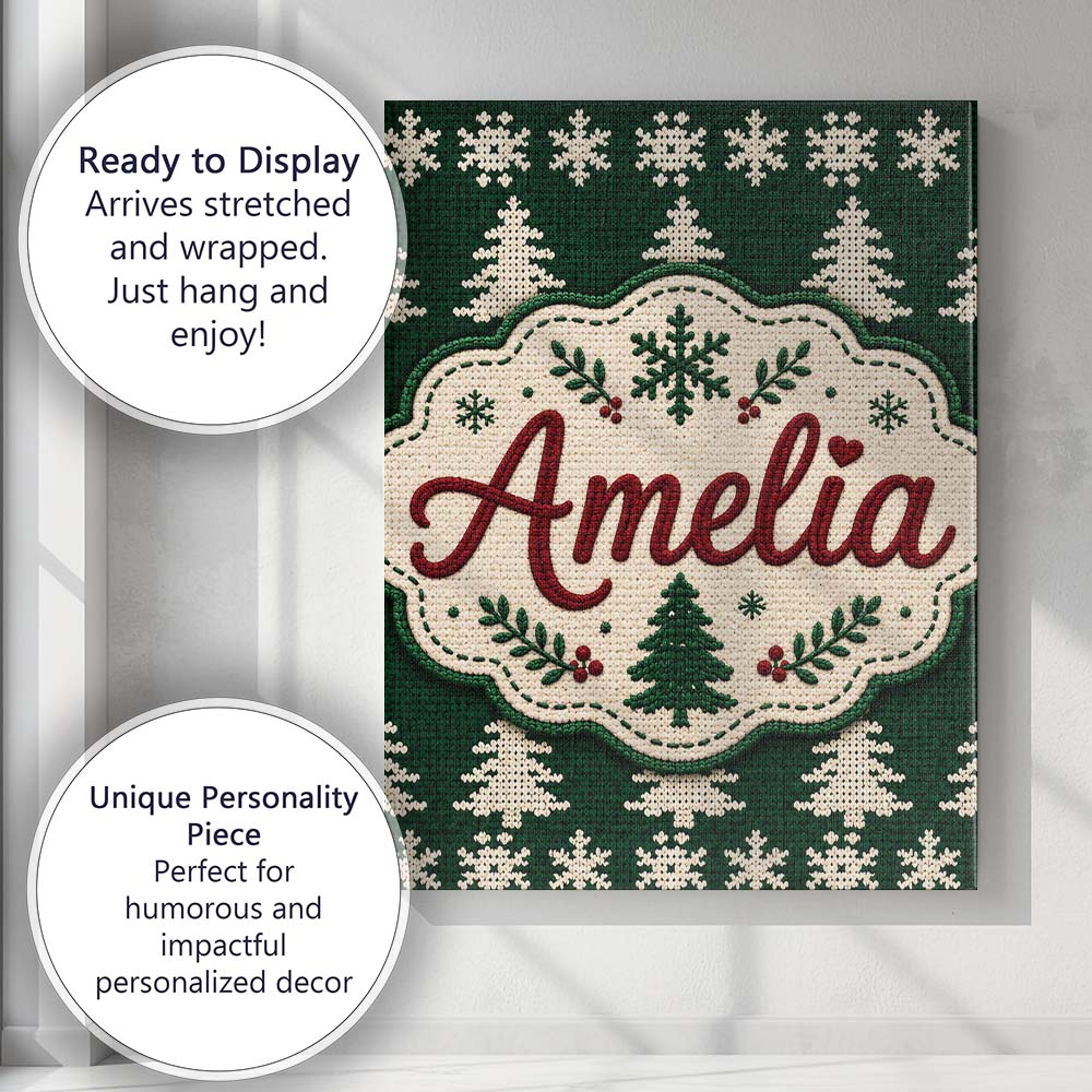 Personalised Name Cute Dark Green Knitted Custom  Unique Gift Idea Elegant Feature Canvas Wall Art Print Decor Picture Ready to Hang
