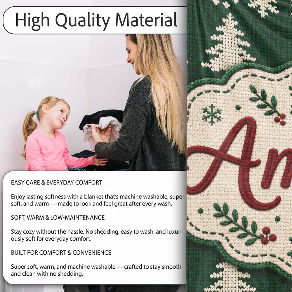Cute Dark Green Knitted Christmas Tree Snowflake Seamless Pattern  Personalised Custom Name Super Soft Fleece Blanket Bed Sofa Throw