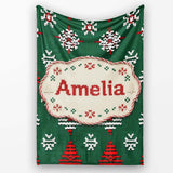 Cute Green Knitted Christmas Tree Reindeer Snowflake Nordic Seamless  Personalised Custom Name Super Soft Fleece Blanket Bed Sofa Throw