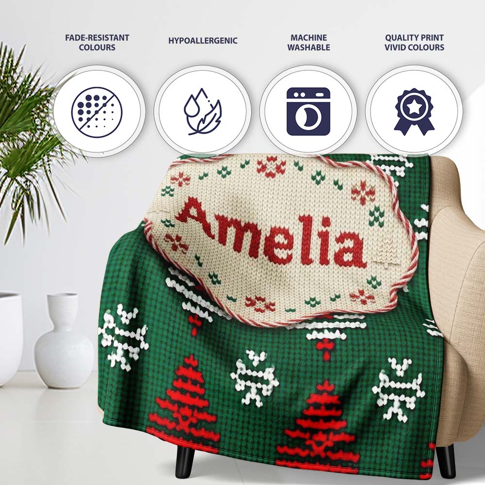 Cute Green Knitted Christmas Tree Reindeer Snowflake Nordic Seamless  Personalised Custom Name Super Soft Fleece Blanket Bed Sofa Throw