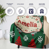 Cute Green Knitted Christmas Tree Reindeer Snowflake Nordic Seamless  Personalised Custom Name Super Soft Fleece Blanket Bed Sofa Throw