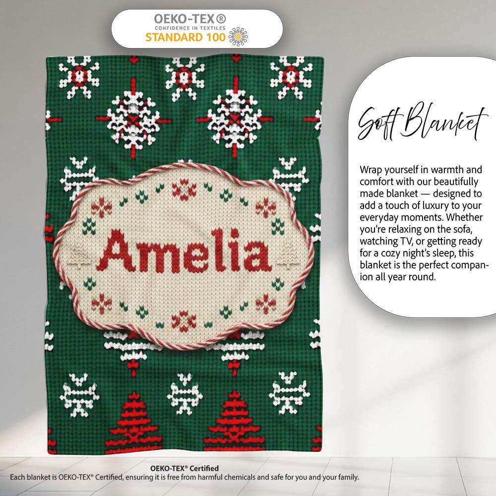 Cute Green Knitted Christmas Tree Reindeer Snowflake Nordic Seamless  Personalised Custom Name Super Soft Fleece Blanket Bed Sofa Throw