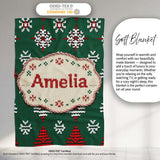 Cute Green Knitted Christmas Tree Reindeer Snowflake Nordic Seamless  Personalised Custom Name Super Soft Fleece Blanket Bed Sofa Throw