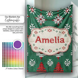 Cute Green Knitted Christmas Tree Reindeer Snowflake Nordic Seamless  Personalised Custom Name Super Soft Fleece Blanket Bed Sofa Throw