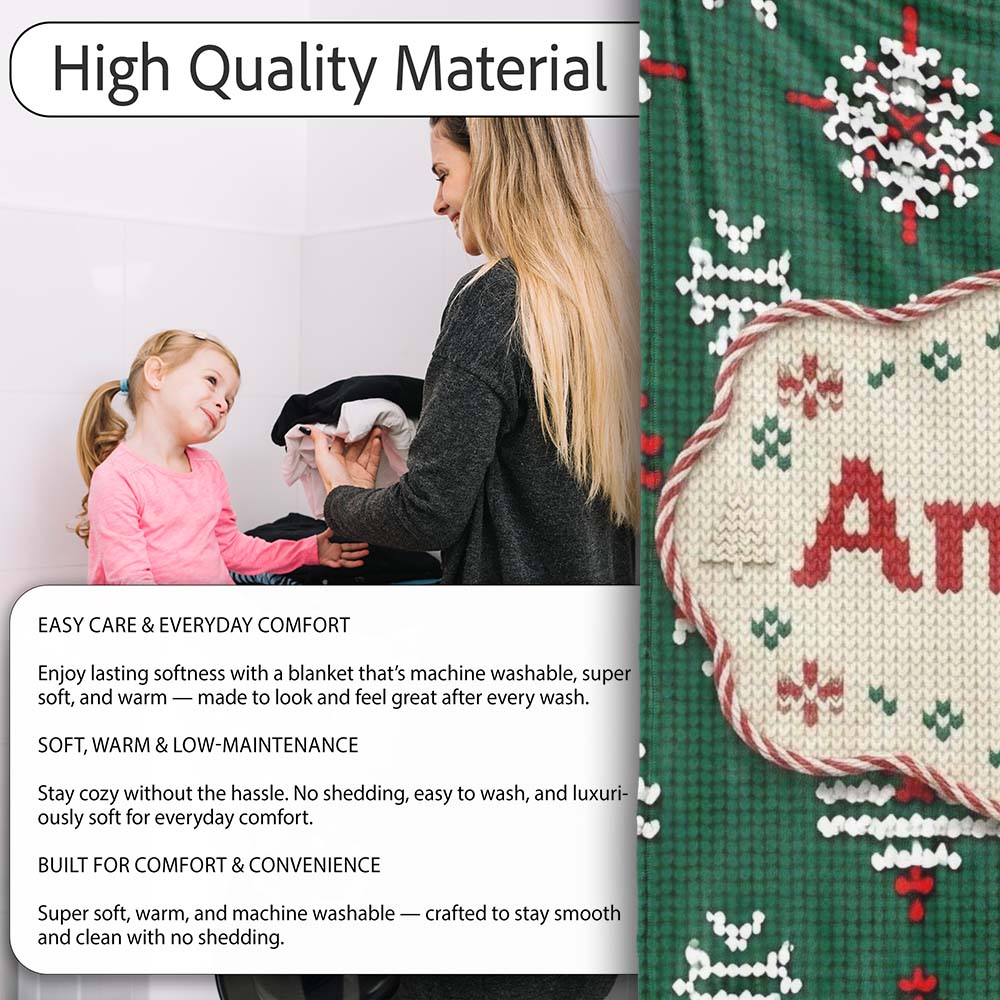 Cute Green Knitted Christmas Tree Reindeer Snowflake Nordic Seamless  Personalised Custom Name Super Soft Fleece Blanket Bed Sofa Throw
