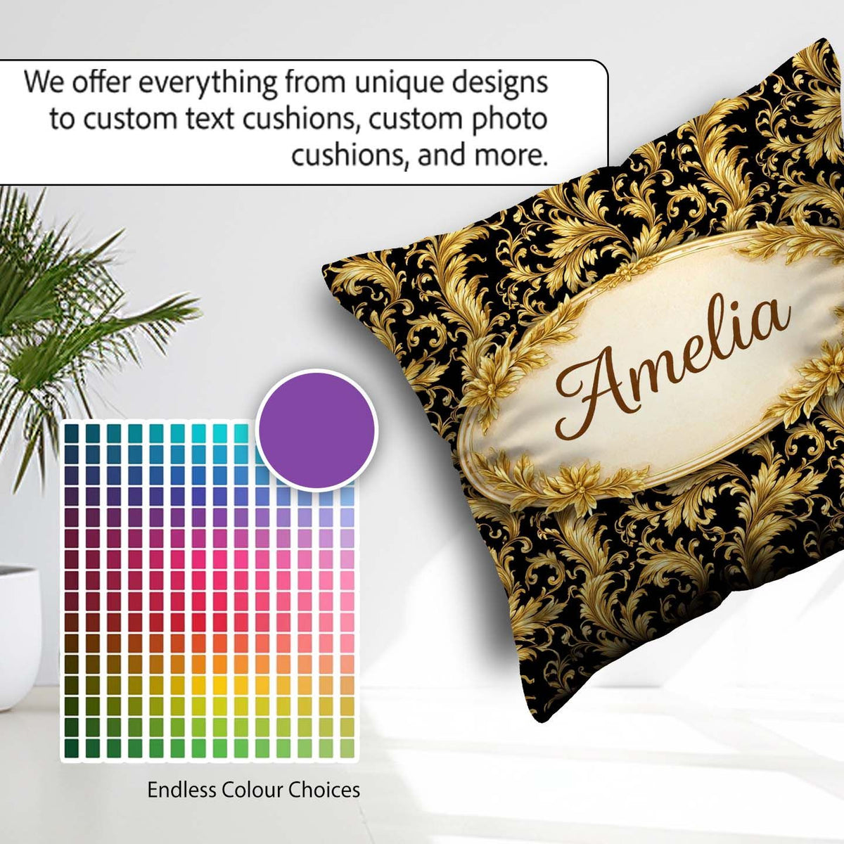 Custom Name Classic Gold Baroque Seamless Pattern Elegant Luxury Square Filled Cushion Throw Pillow Sofa Bed Home Decor Zip Washable UK Made